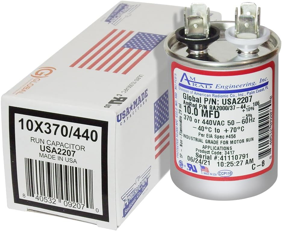 AMRAD ENGINEERING USA2207 Round Motor Run Capacitor, 10 MFD, 370/440 Vac
