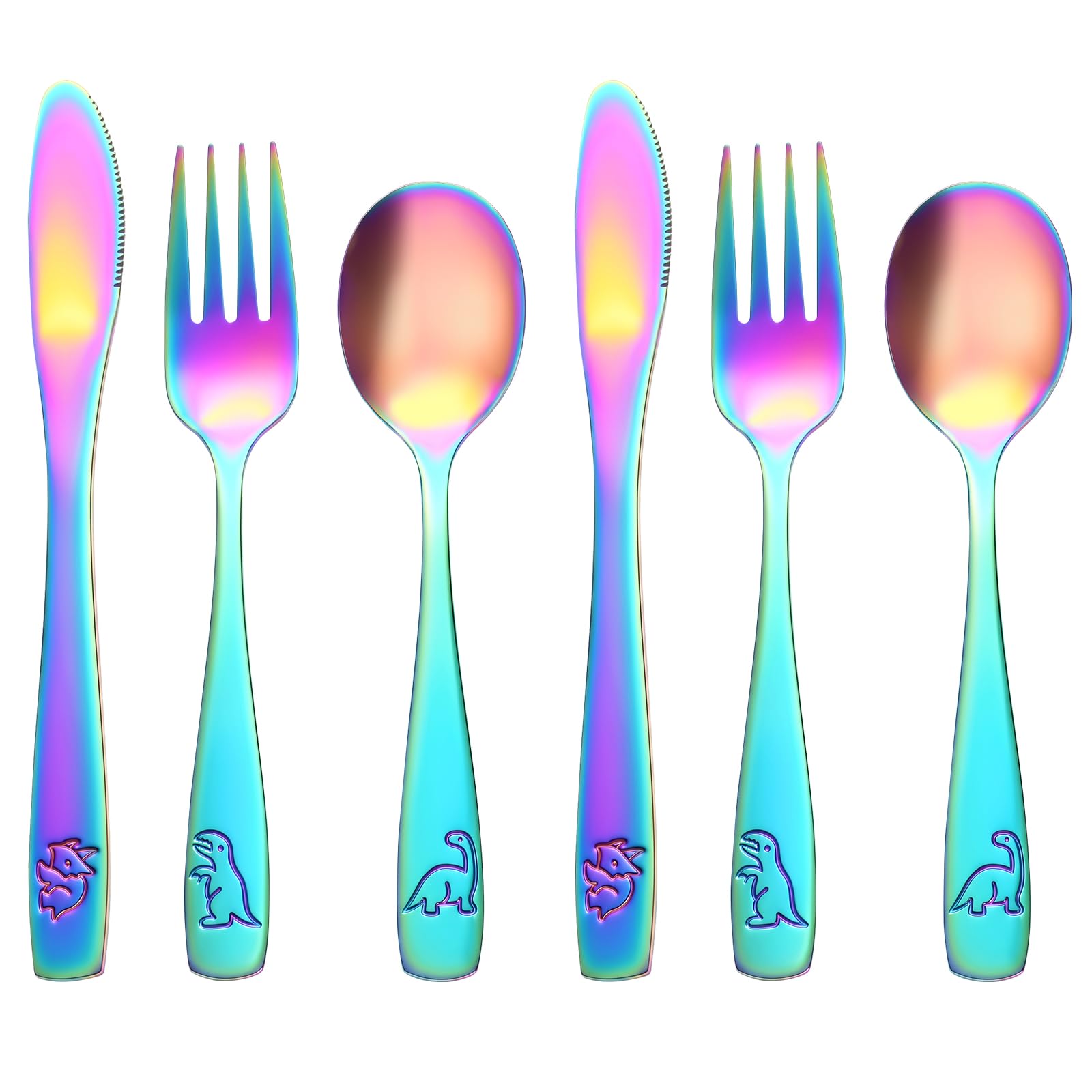 AUAUY 6pcs Stainless Steel Cutlery Set, Colorful Dinosaur Flatware Set