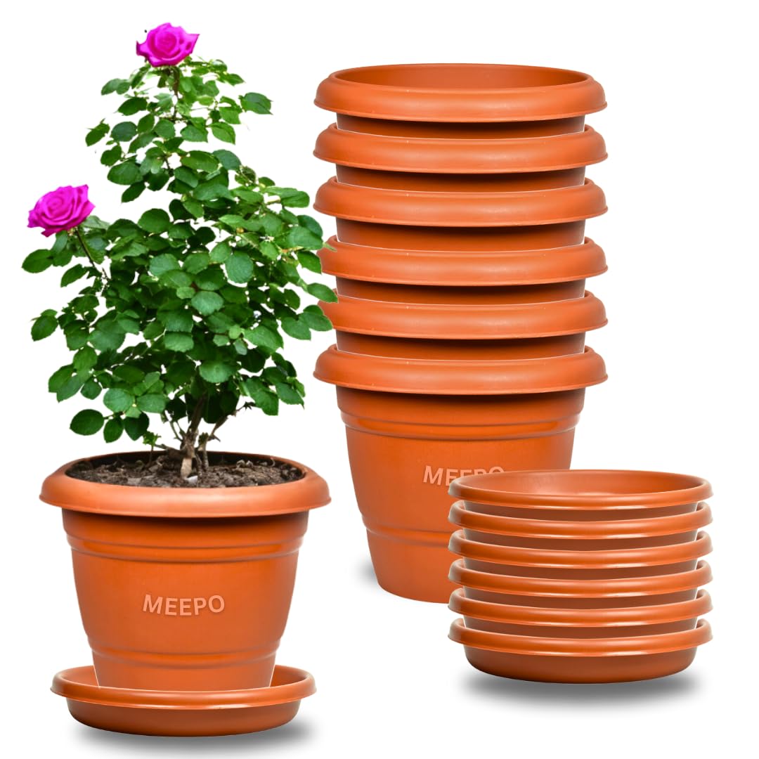 Meepo Brown Planters with Bottom Plates - 6 Pcs, Gamla Pots for Home, Plant Containers, Indoor Outdoor Balcony Flower Pots, Drip Tray Pots with Plates (12 Inch, Pack of 6) (B0D3KTHC24) Amazon Price History, Amazon Price Tracker
