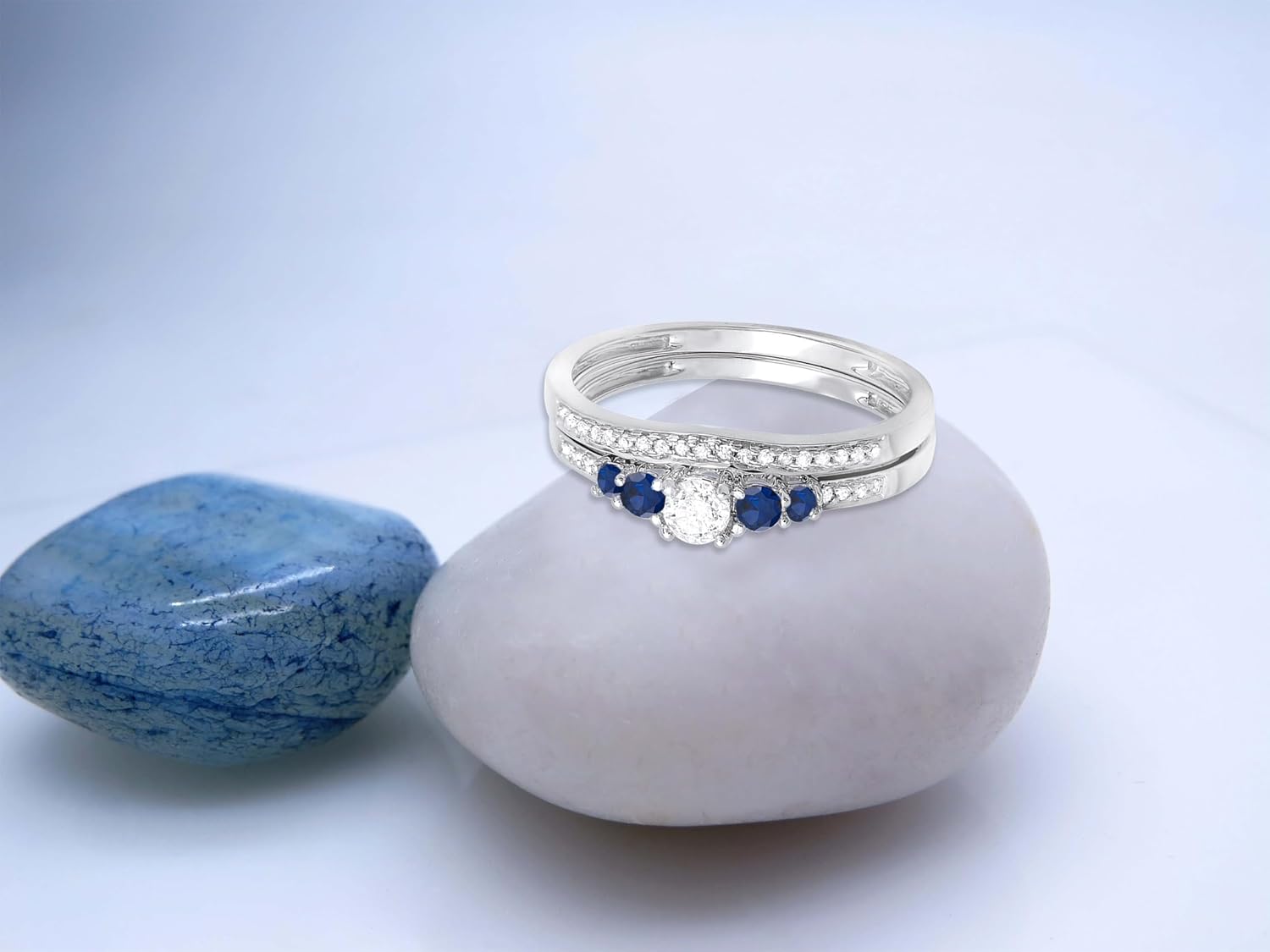 Dazzlingrock Collection Round Blue Sapphire & White Diamond Womens 5 Stone Bridal Engagement Band Set, Available in Metal 10K/14K/18K Solid Gold