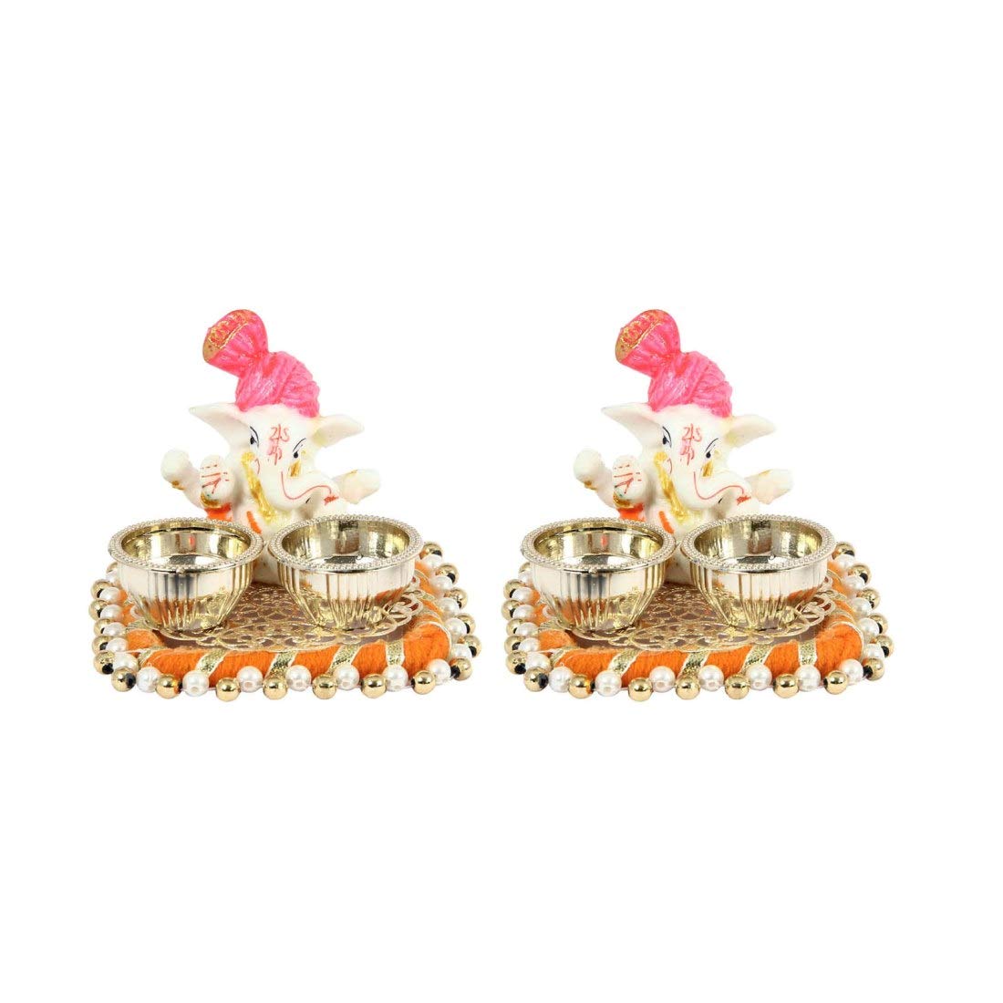 Handicrafts Paradise Decorative puja thali/Pooja thali/haldi kumkum Holder with Pink Turban Ganesh (3.25 x 2.75 inch) - Set of 2 pc