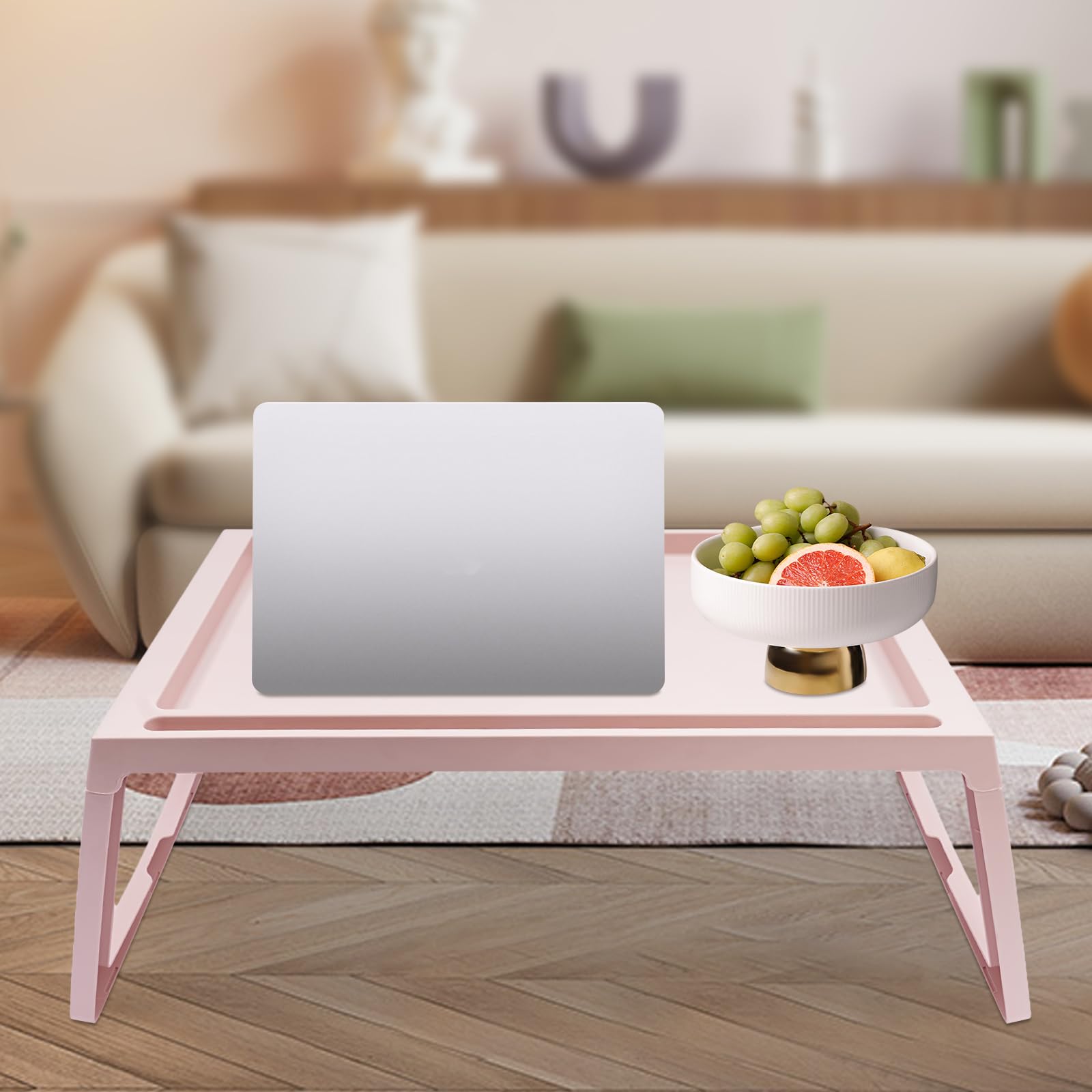 OUKANING Juego de 4 mesas plegables de plástico para cama, mesa para ordenador portátil, mesa para sofá, cama, soporte para tablet con ranura de carga, para comida, lectura, oficina en casa, plegable