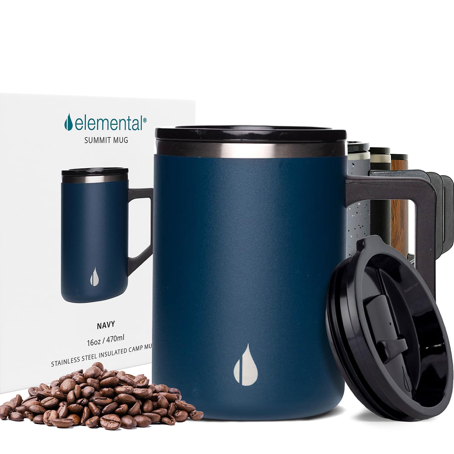 Elemental Insulated Coffee Mug - Triple-Wall Stainless Steel Summit Travel Cup for Hot and Cold Drinks - Thermal Coffee Mug with Lid and Handle for Camping, Office & Travel 16oz - Navy Blue