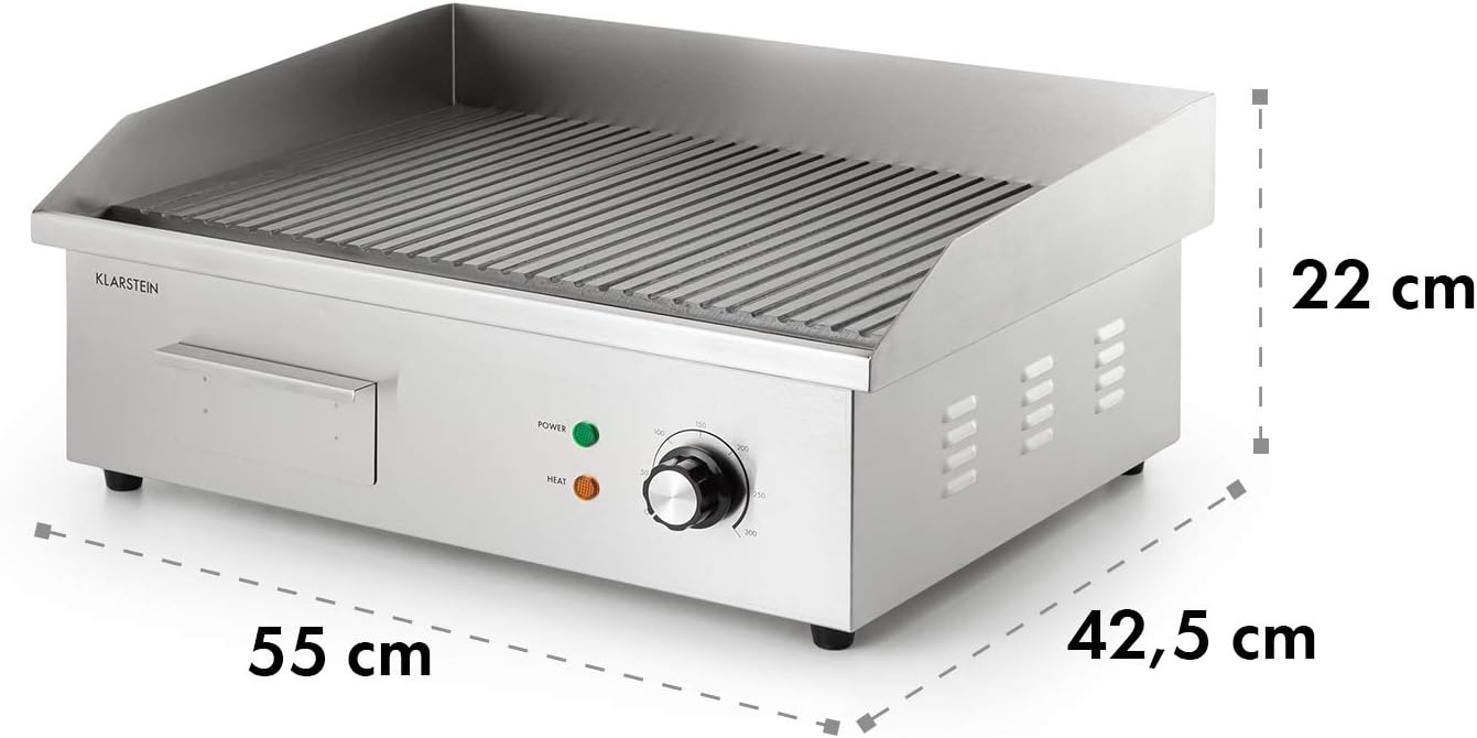 KLARSTEIN Grillmeile 3000R Pro - Piastra Elettrica in Ghisa, Superficie: 54,5 x 35 cm (ondulata), 50-300°C, 3000 W, Grill Elettrico Professionale con Paraspruzzi, Acciaio Inox KLARSTEIN Grillmeile 3000R Pro - Piastra Elettrica in Ghisa, Superficie: 54,5 x 35 cm (ondulata), 50-300°C, 3000 W, Grill Elettrico Professionale con Paraspruzzi, Acciaio Inox