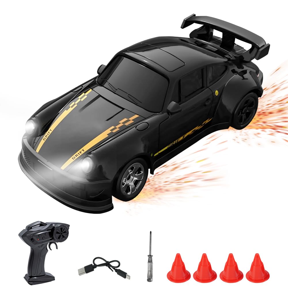 RC Drift Car, 1:64 Mini Macchina Telecomandata Drift con Faro LED, 4WD Drift Car con Sterzo Proporzionale, Macchinina Telecomandata Drift, Macchina da Drift per Adulti, Nero
