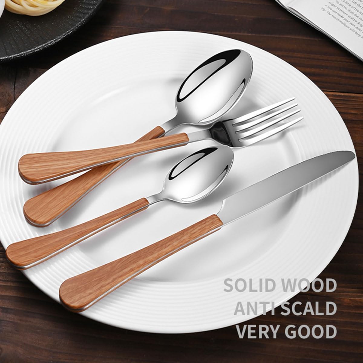 48 Piece Silverware Set for 12, Imitation Wooden Handle Flatware Cutlery Set for Home Kitchen Restaurant Christmas Ergonomic Mirror Finish Dishwasher Safe Housewarming Gift