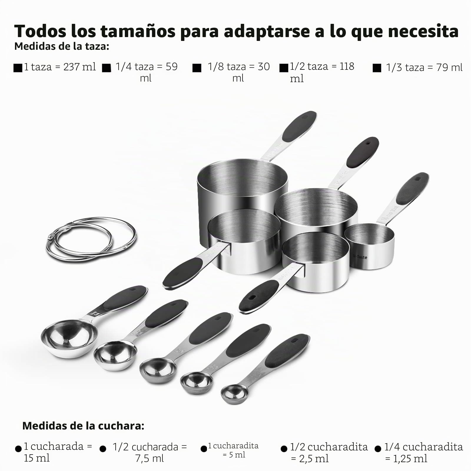 U-Taste Tazas Cucharas Medidoras Juego, acero 18/8, 10 Piezas, Negro | Reposteria Hornear y Cocinar en la Cocina, Mango de Grosor Mejorado