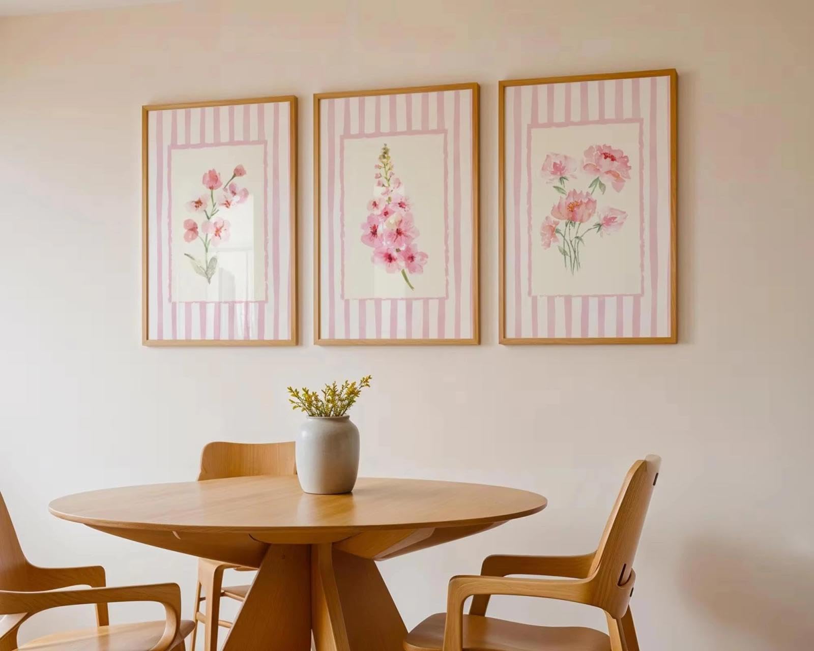 Baibexing Pink Flower Stripes Canvas Painting Posters Prints Wall Art For Living Room Home Decor 21X30Cmx3Pcs Unframed