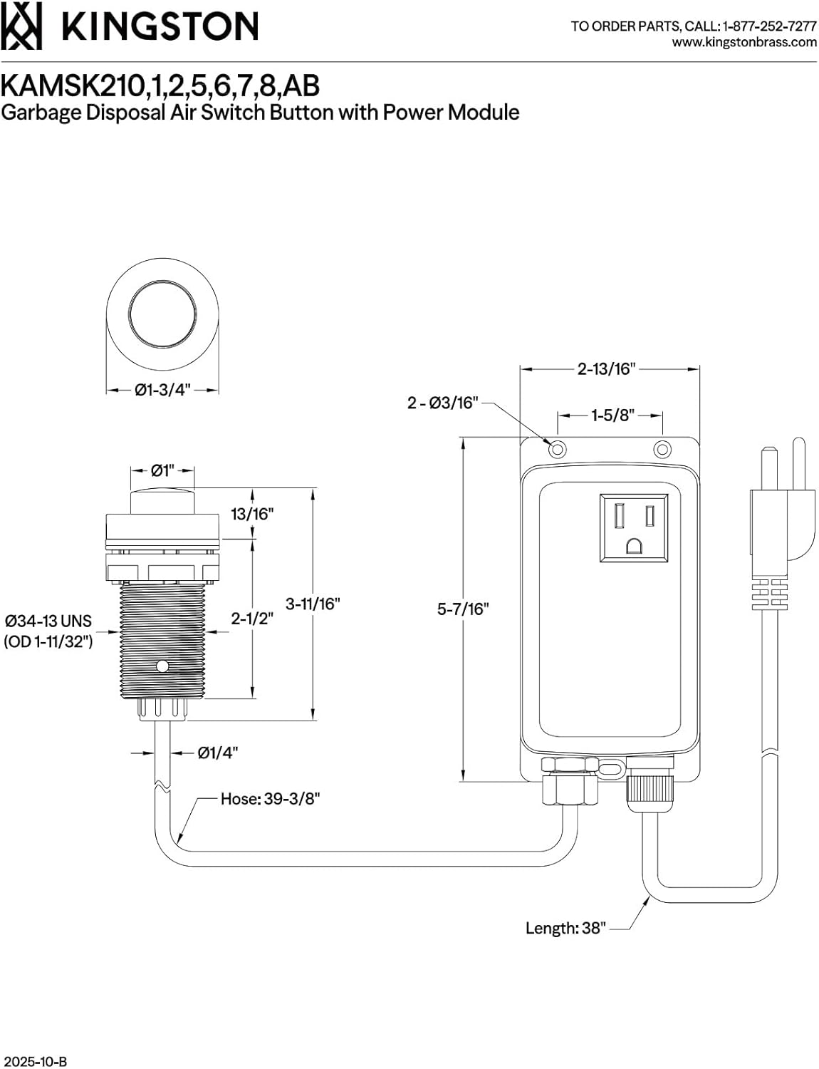 Kingston Brass KAMSK217 Trimscape Single Outlet Garbage Disposal Air Switch Kit in Brushed Brass