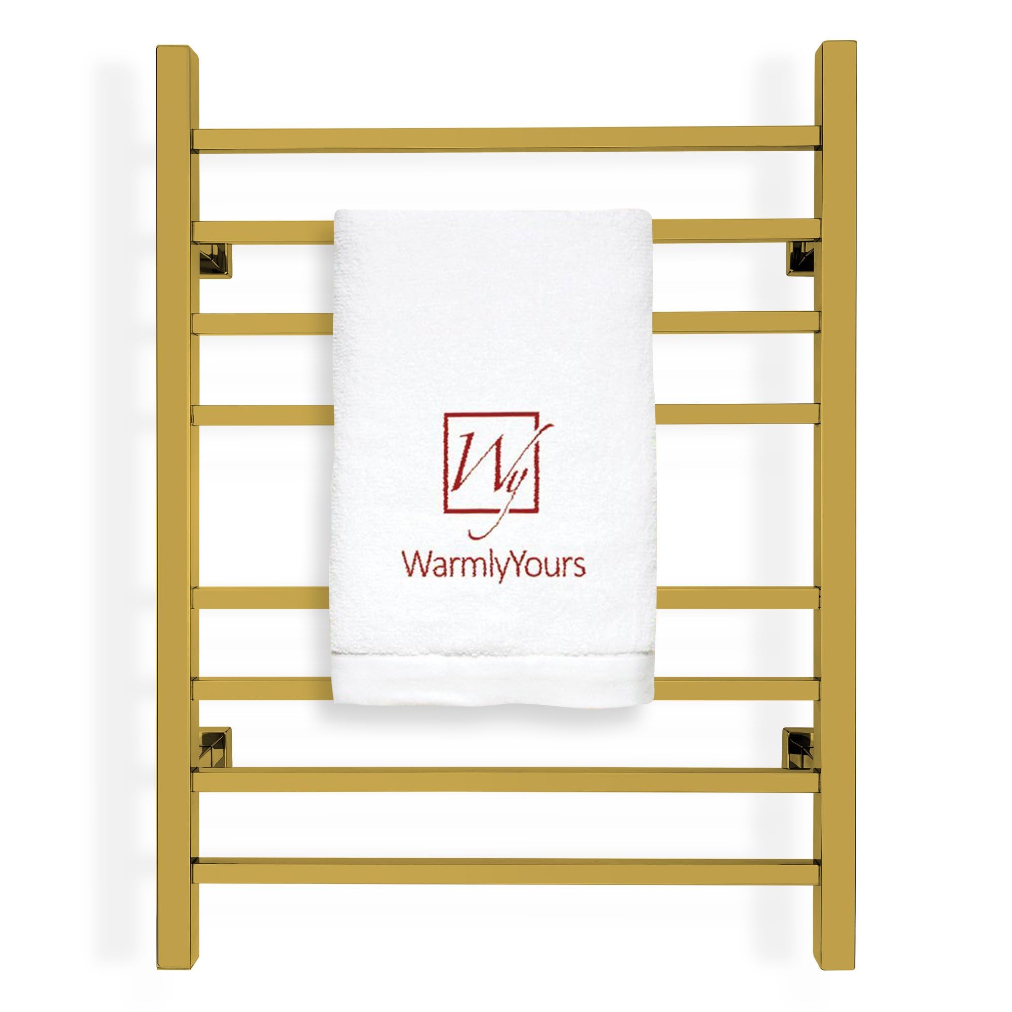 WarmlyYours Heated Towel Rack for Bathroom - Polished Gold Electric Towel Warmer Rack and Dryer, Wall Mounted, Plug-In or Hardwired 120V, Sierra 8-Bar