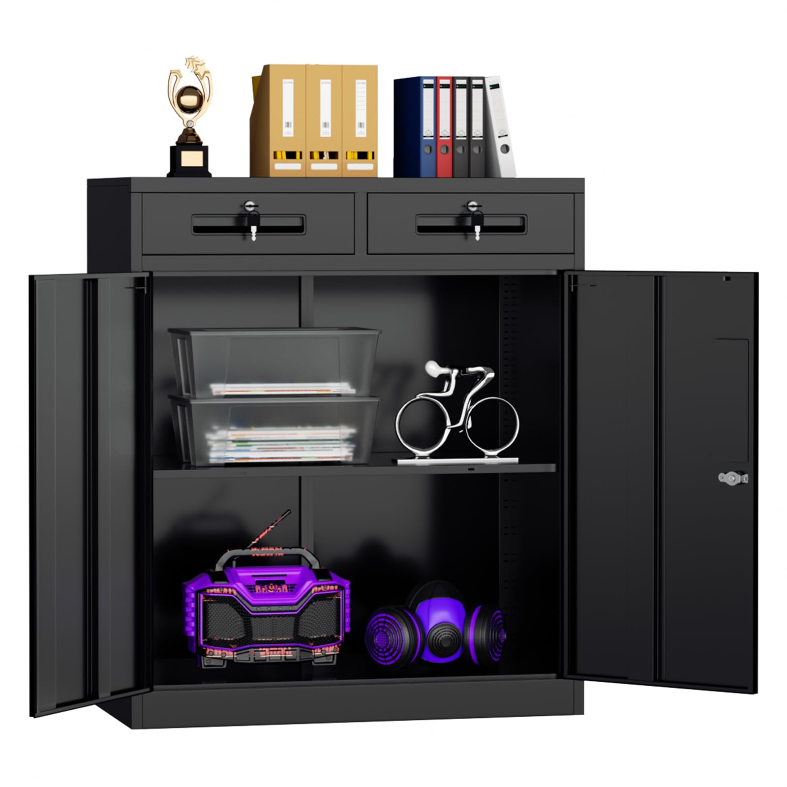 Superday Lockable Storage Cabinet with 2 Drawers, 36" Metal Storage Cabinet with Locking Doors and Adjustable Shelves, Black Metal Locking Cabinets