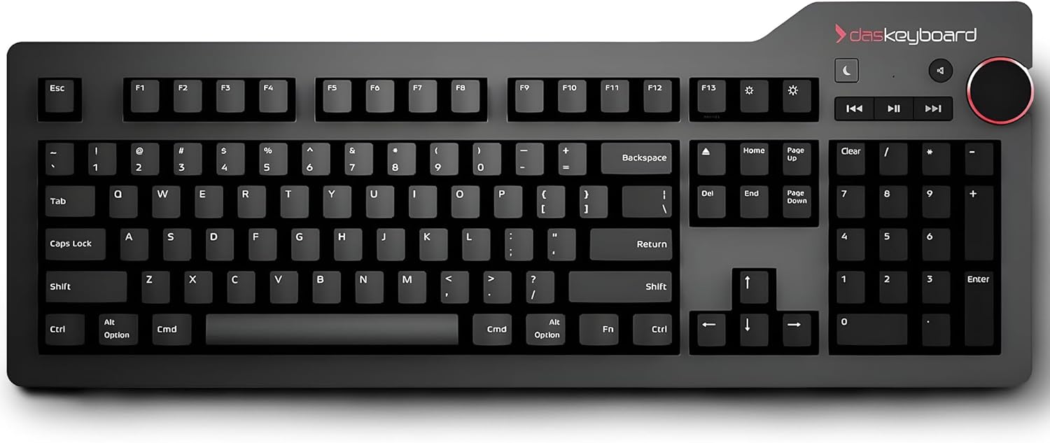 Das Keyboard 4 Professional for Mac Wired Mechanical Keyboard, Cherry MX Blue Mechanical Switches, 2-Port USB 3.0 Hub, Volume Knob, Aluminum Top (104 Keys, Black)
