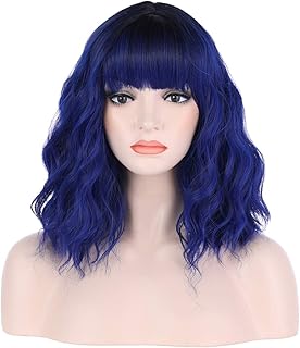 incohair Ombre Wig Blue Wigs 12inch Black to Dark Blue Ombre Wigs 2 Tones Color Short Curly Bob Wig with Bangs Synthetic Cosplay Party Daily Wigs Wig Cap Included (Ombre Dark Blue)