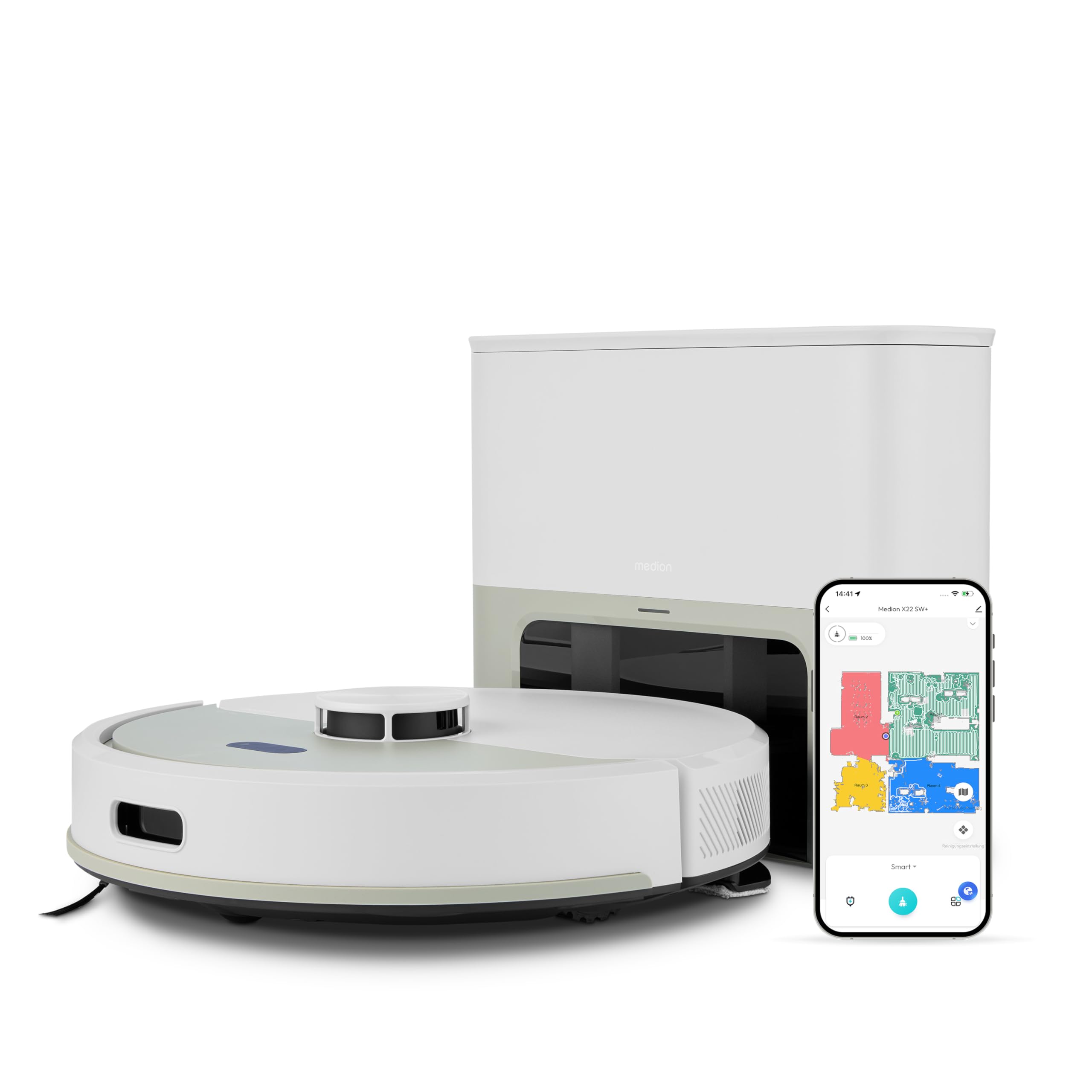 MEDION Saugroboter mit Absaugstation und Wischfunktion X22 SW+ (Lasernavigation, Starke 5000Pa Saugkraft, 2in1 Roboterstaubsauger, präzise Kartenerstellung, Go & No Go Bereiche, mehrere Etagen) grau