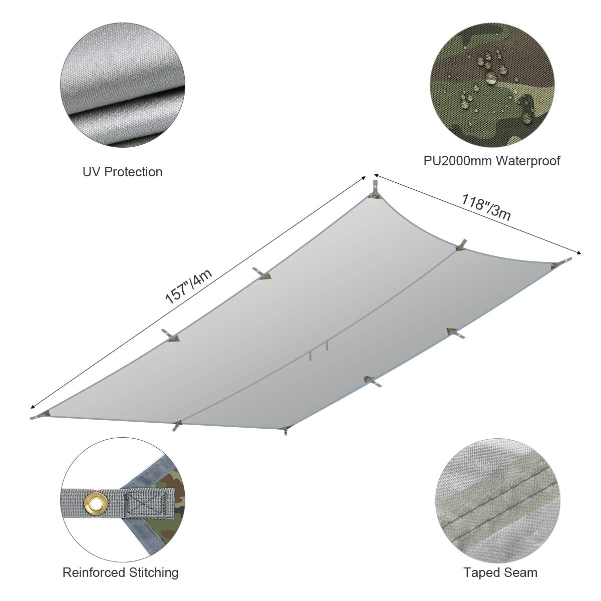 RYACO plandeka przeciwdeszczowa, 3 m x 4 m, kamping, plandeka, deszcz tarp, wodoodporna, przenośna, składana, schronienie, turystyka, duży, z zamkami i kieszenią na wodę na Picnic