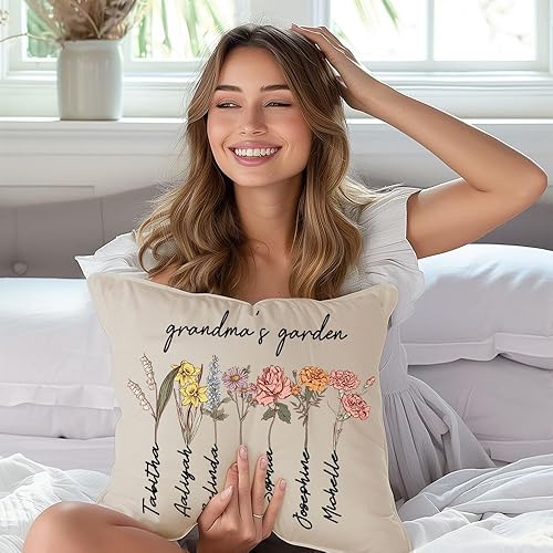 Miniatura 5 de Funda de almohada para mamá y abuela con flores de nacimiento personalizadas, nombres de nietos, día de la madre, funda de almohada con nombres de
