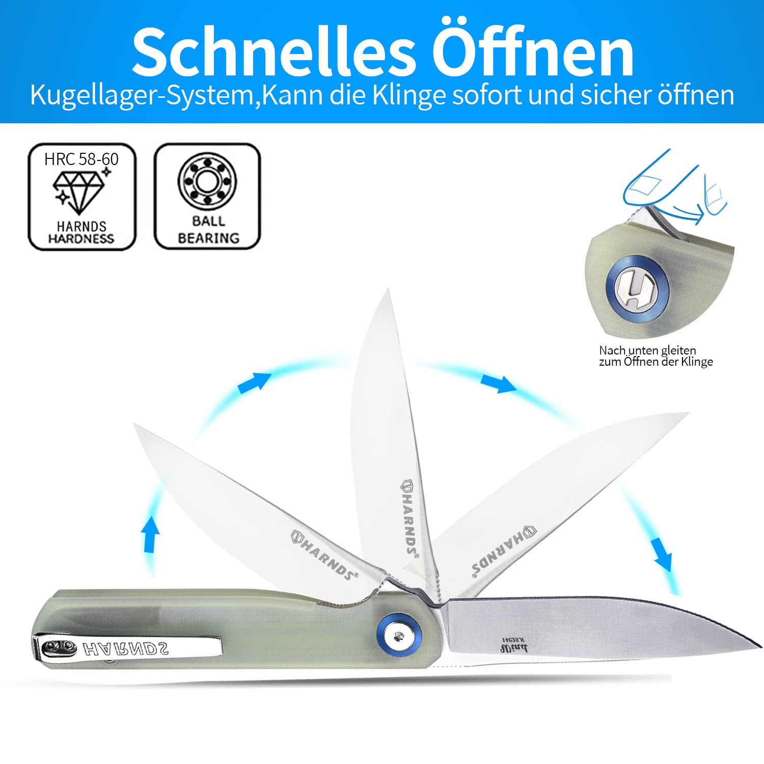 Harnds Cuchillo de bolsillo plegable Wind Flipper Hoja de G10 con cojinetes de cerámica Cuchillo de supervivencia para camping y EDC (Cian transparente)
