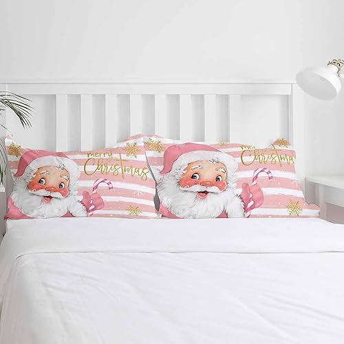 Miniatura 5 de Juego de ropa de cama de Navidad de 3 piezas de Papá Noel rosa, tamaño Queen, juego de funda de edredón suave con cierre de cremallera, juego de