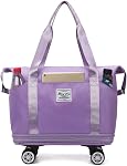 Expandable Rolling Duffle Bag, Travel Tote Bag with Wheels, Large Waterproof Carry On Overnight Bag Hospital Bag Weekender with Spinners & Wet Pocket