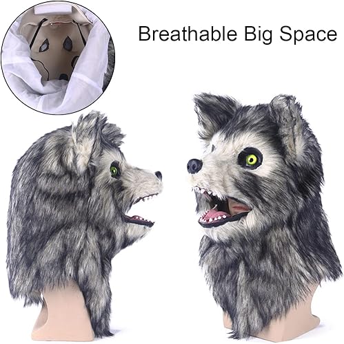 Miniatura 5 de Cosermart Máscara de lobo de zorro peludo, máscaras divertidas para perros, oso aterrador, mandíbula móvil realista, cabeza de animal de piel