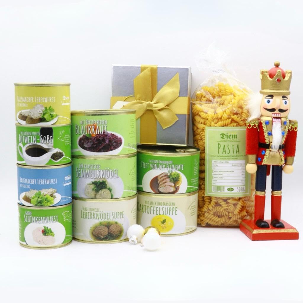 Diem Geschenk Set Groß mit Nussknacker, 9 Konserven und 1 Nudeln, Regionale Feinkost aus Bayern, Hausgemachte Wurstwaren und Spezialitäten