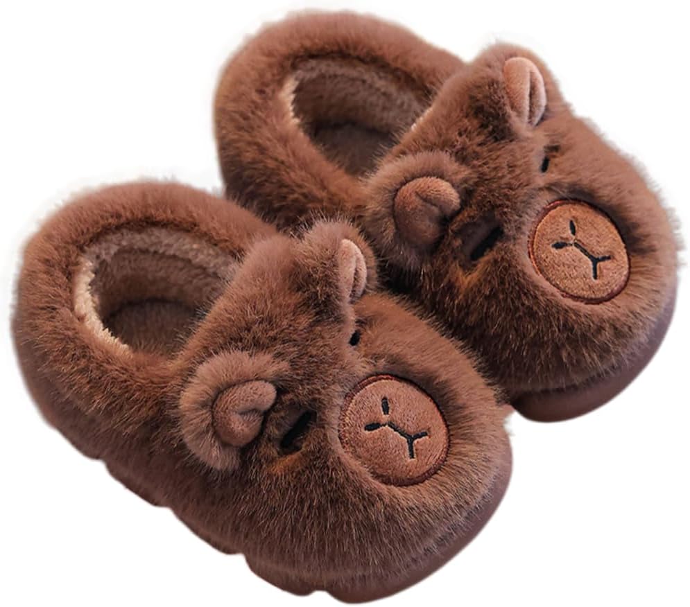 Kids Capybara Slippers, Cute Fuzzy Animal House Slippers for Toddler Boys Girls, Warm Non-Slip Plush Indoor Slippers, Soft Winter Bedroom Shoes for Kids