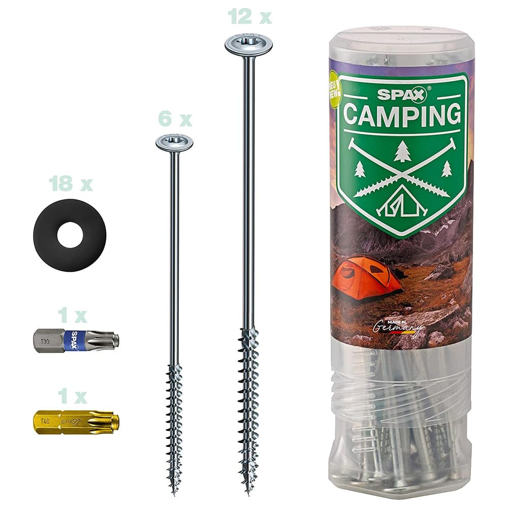 SPAX Zeltschrauben Camping-Komplettset, Universal Schraubheringe 18 Stück in Zwei Längen mit 2 Bits & 18 Kunststoff-Unterlegscheiben für Zeltbefestigung, Outdoor – 4000009100019