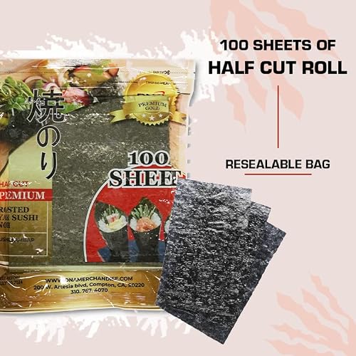 Mototeks Dried Seaweed Roasted Sushi Nori Sheets For Sushi Rolls 100 Sheets (Half Cut/Pack - 100 Sheets) #TOP3