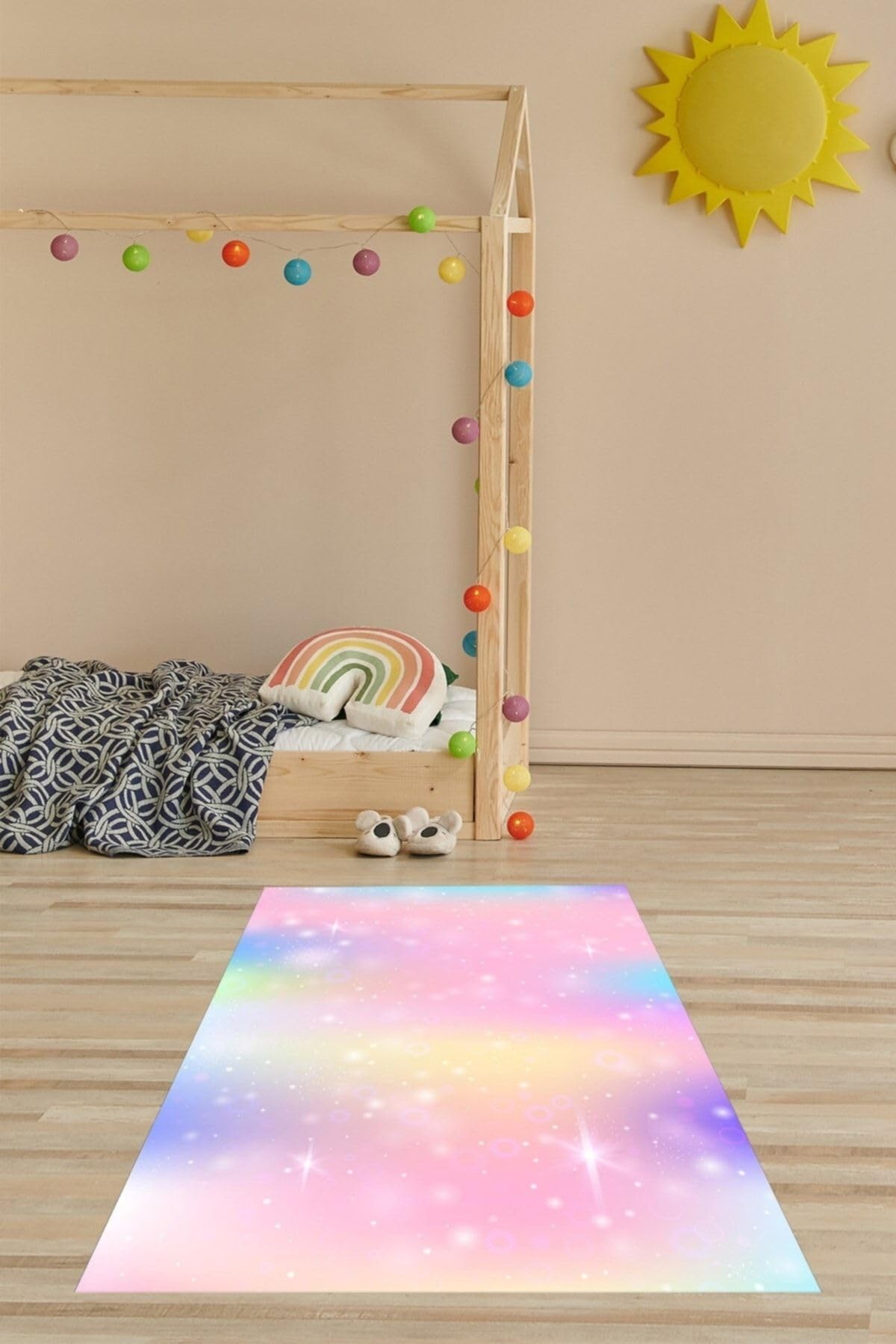 Pelangi Renkli Uzay Desenli Halı Dijital Baskı Yıkanabilir Kaymaz Taban Leke Tutmaz Çocuk Odası Halısı, Pembe 40 x 40