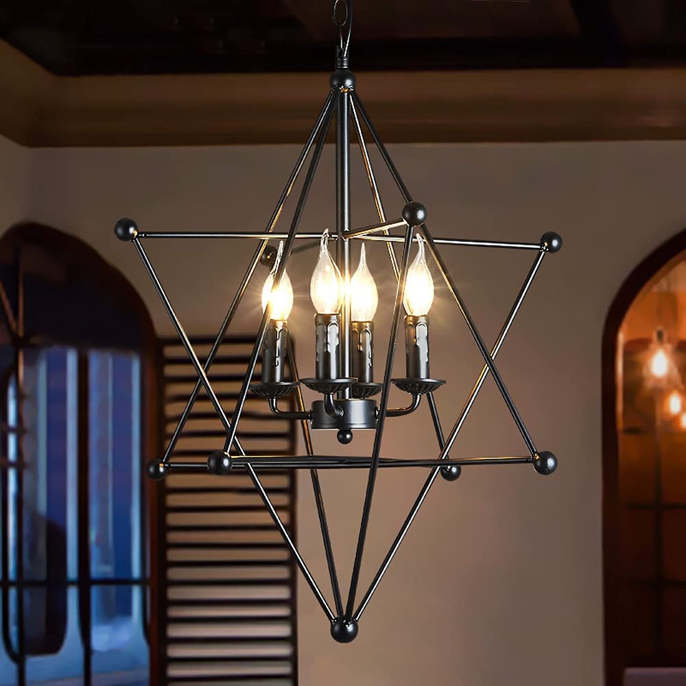 Lampe suspendue créative pentagramme luminaire industriel rétro E14 métal noir