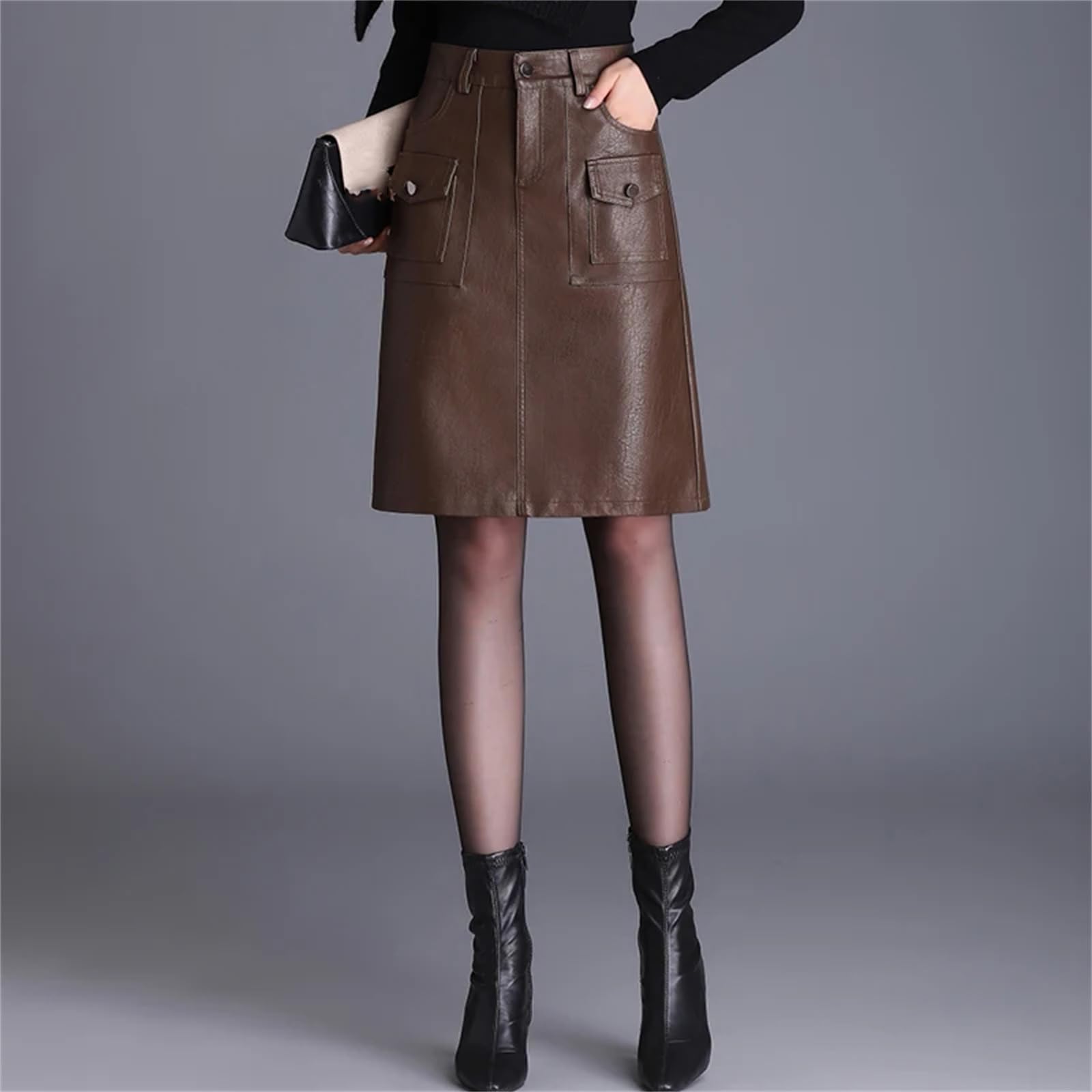 Falda corta de piel sintética para mujer, elegante falda corta de invierno de cintura alta