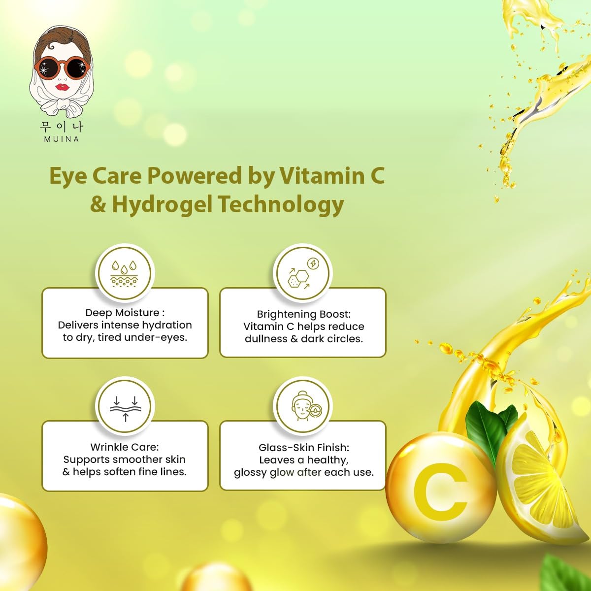 MUINA Vita-C Hydro-Gel Eye Patch with serum for Brightening & Dark Circles | Revitalising Under Eye Masks with Vitamin C | 60 Patches (30 Pairs) | Hydrating & Glow-Boosting K-Beauty 3