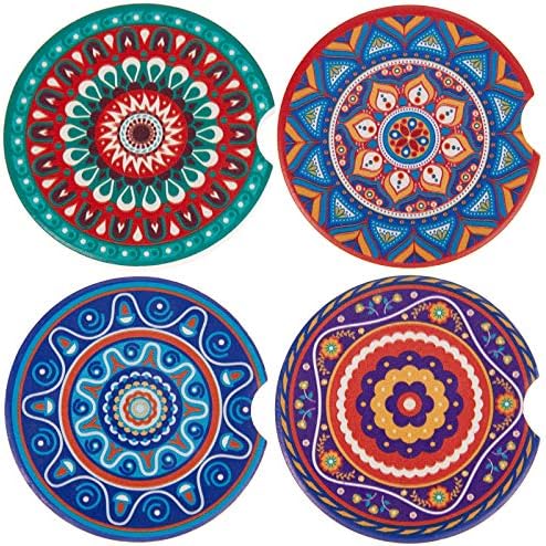 4 Pack Car Cup Holder Coasters,2.56 inch Absorbent Mandala Ceramic Car Insert Coasters with Fingertip Grip for Easy Removal,Keeps Vehicle Cup Holders Clean Off Cold Drink Spills and Condensation