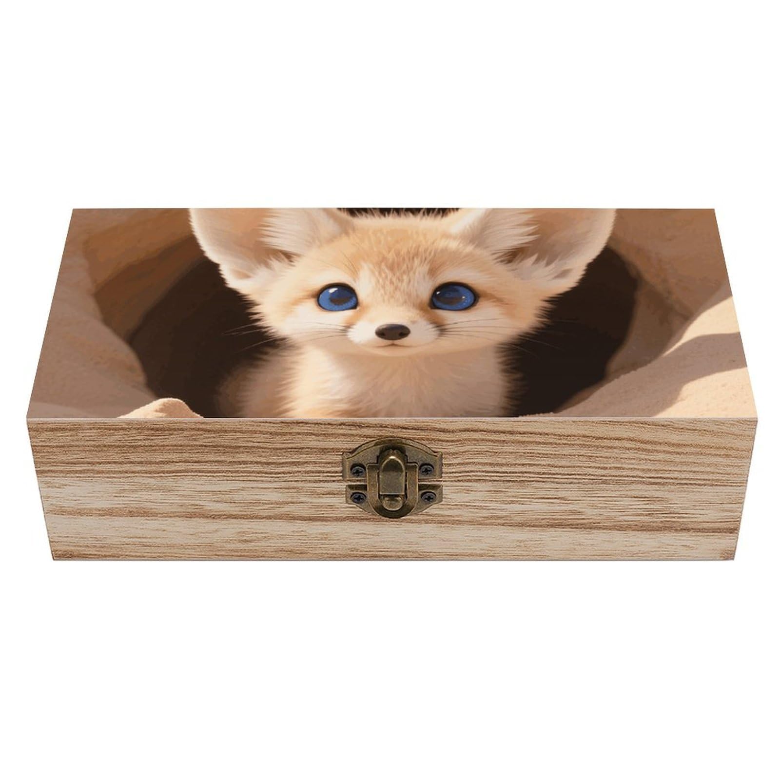 Oudrspo Fennec Fox Cub in Den Wooden Keepsake Box Decorative Memory Storage Box with Hinged Lid Small Jewelry Keepsake Boxes for Storing Gift Pictures Letters Time Capsule