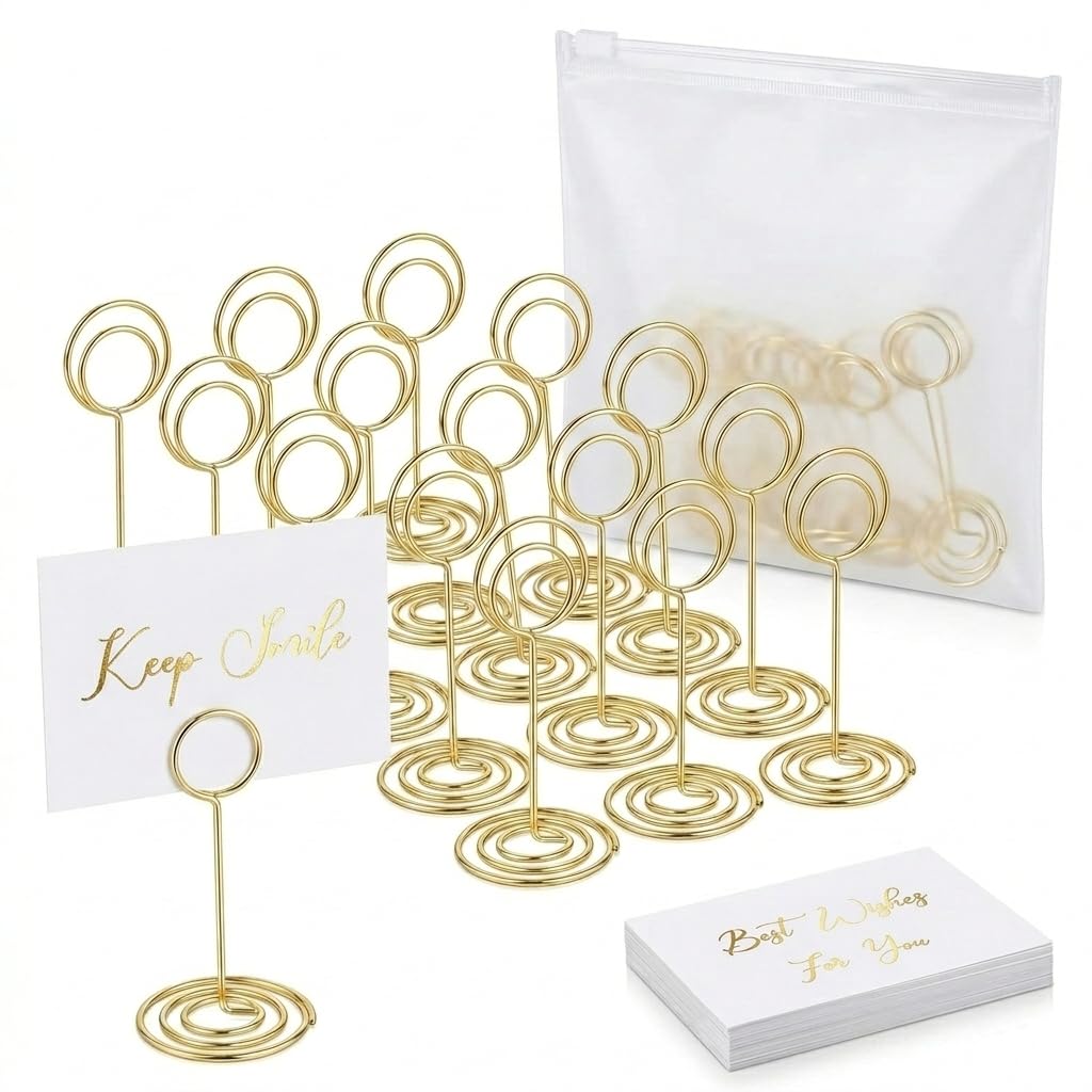 lunyoutrio 3.35 Inch Round Gold Table Number Place Card Holders 16 Pack, Desktop Photo Memo Clips with 20 Pcs Greeting Cards & Storage Bag for Wedding Birthday Party Decor