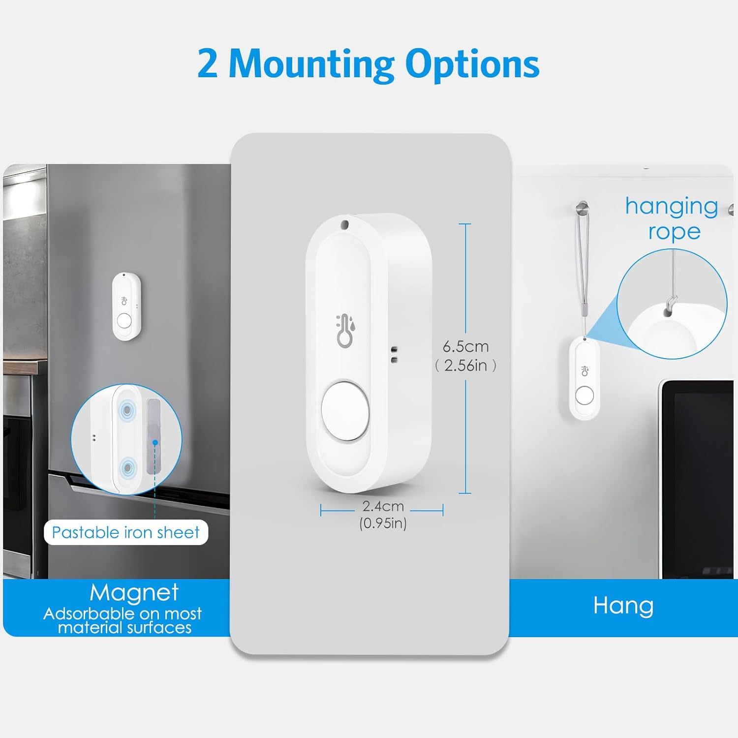 Brifit sensor dimensions and two mounting options: magnetic adsorption and hanging with a rope