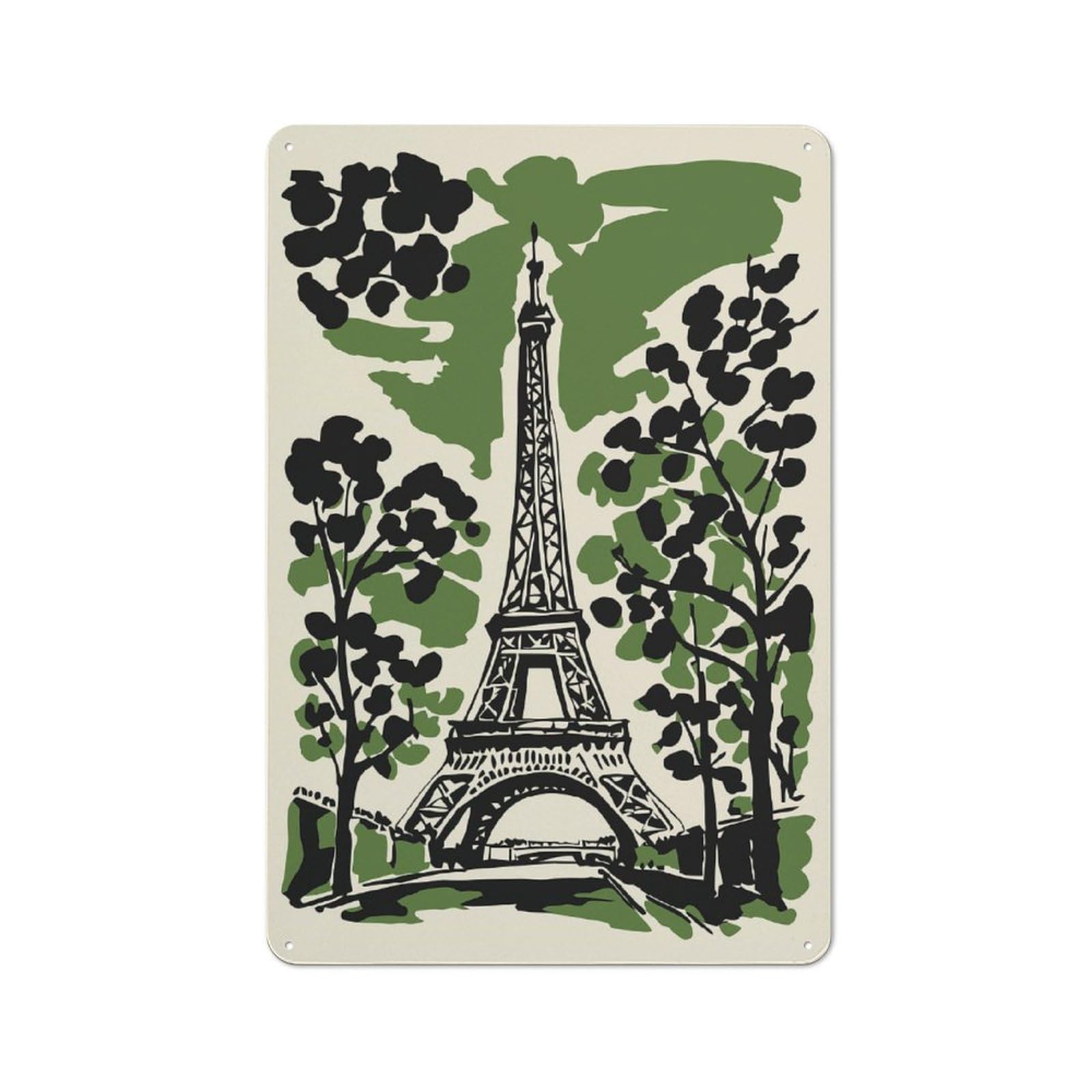 Junmoney Style-7 Retro Metal Sign With Eiffel Tower Illustration With Trees Design 30X20cm, Retro Old Style Wall Plaque For Kitchen, Hallway, Bar Or Small Cafe