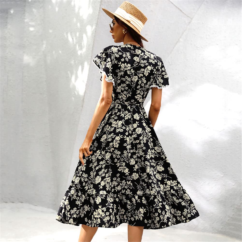 Vsadsau Vestido largo de gasa con estampado floral de verano para mujer, cuello en V profundo, manga corta, vestido midi