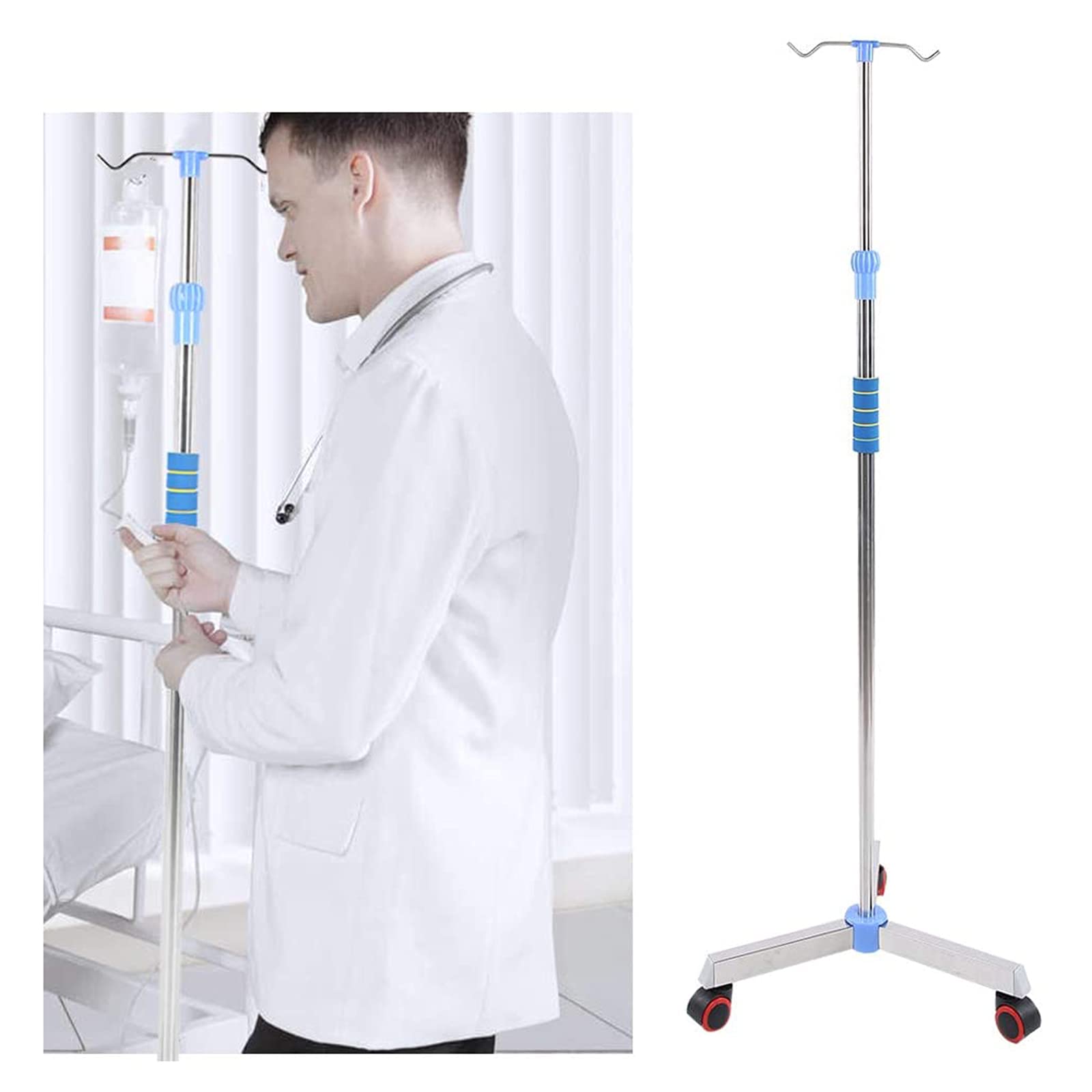 Soporte para suero con Ruedas, Soporte de Acero Inoxidable para infusión, Altura Ajustable, Soporte para Bolsa de suero con Ganchos para Hospital, hogar, clínica, 2 Ganchos