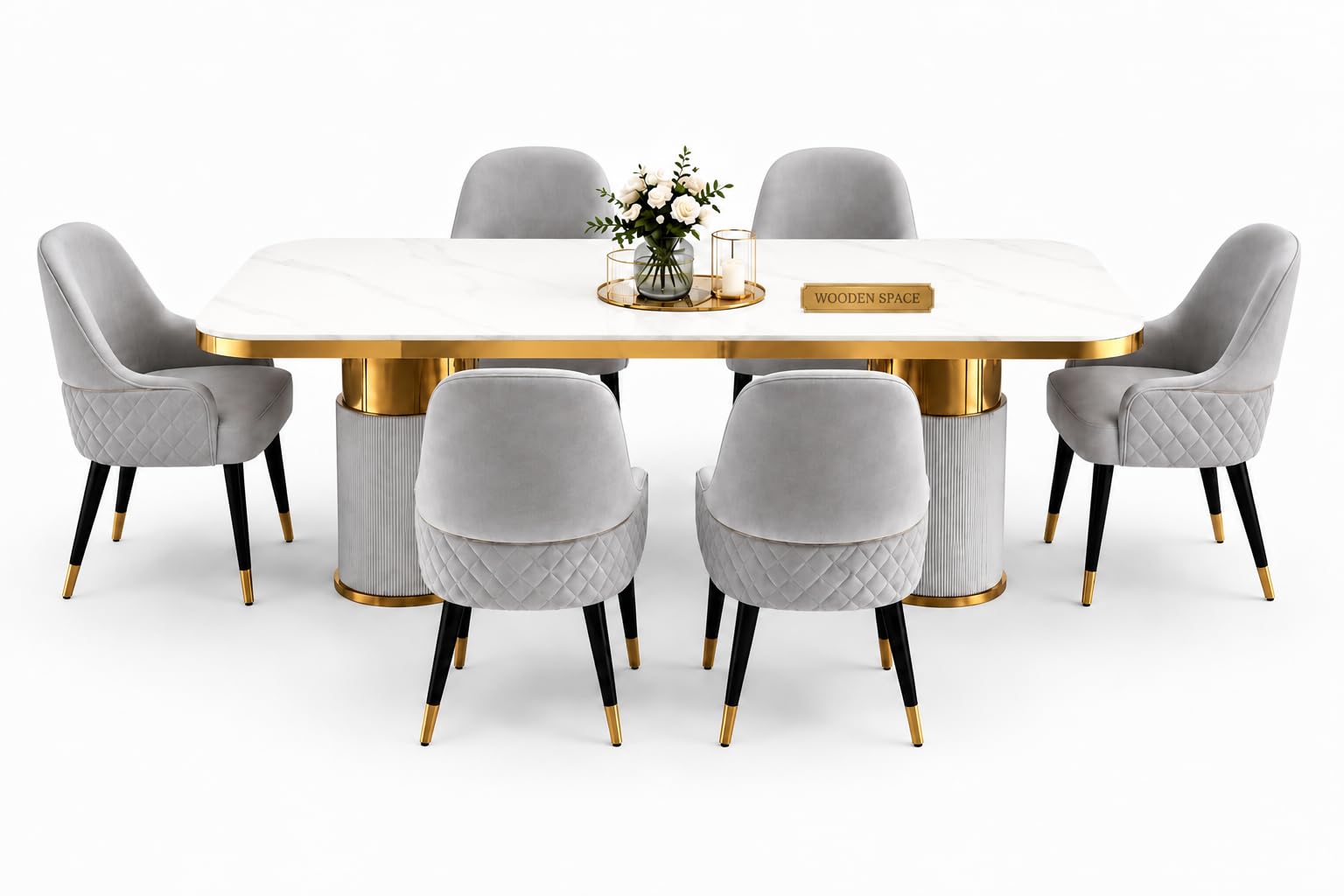 WOODEN SPACE 6 Seater Wooden Dining Table Set with Nano Composite Marble Top | Solid Wood Dining Table | Modern Dining Room Furniture Set for Home & Living Room (Light Grey)-image-45