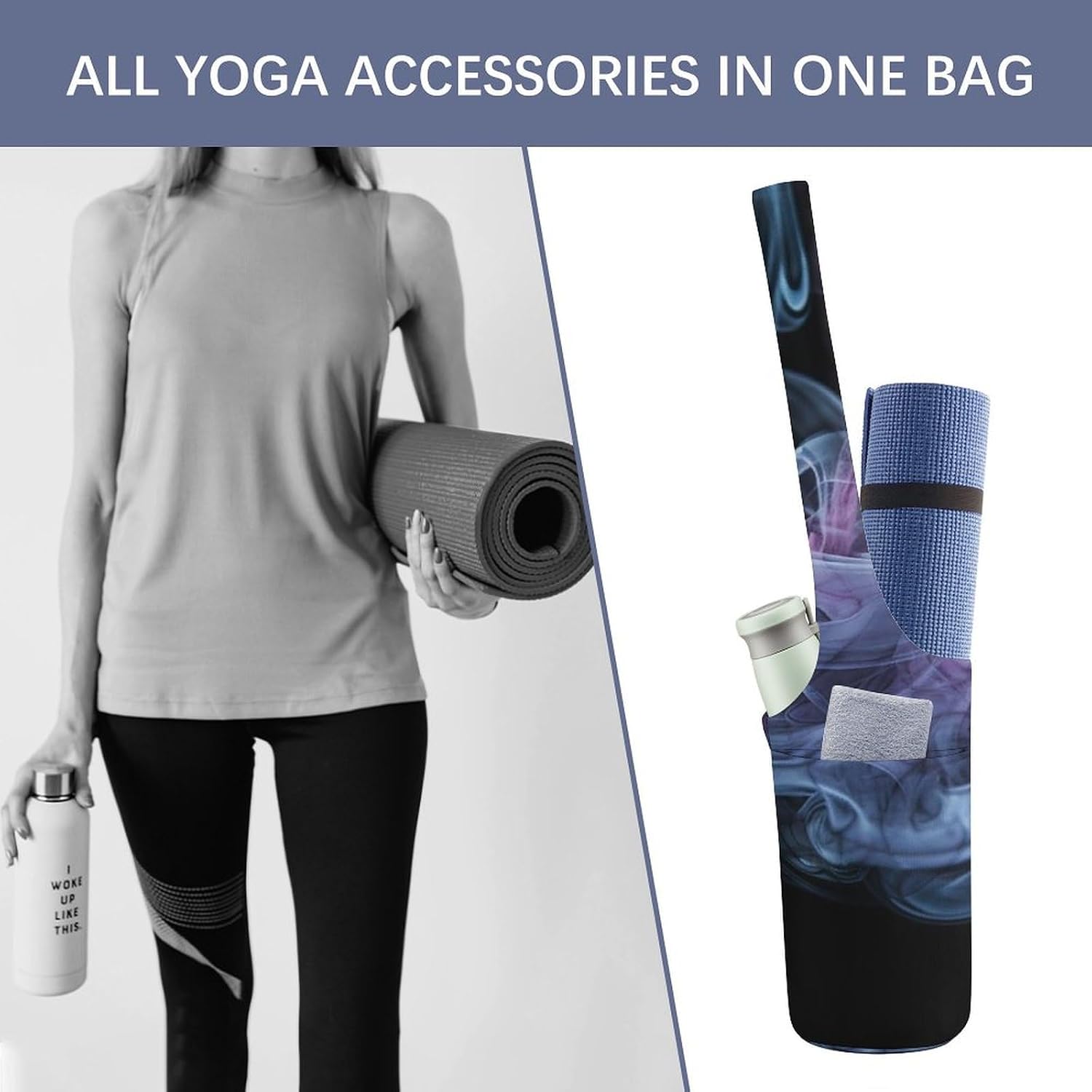 Yoga Mat Carrying Bag,Blue And Purple Smoke Printed Women's Yoga Bag with Multi-Functional Storage Pockets,Large Yoga Mat Bag Fits Most Size Yoga Mats