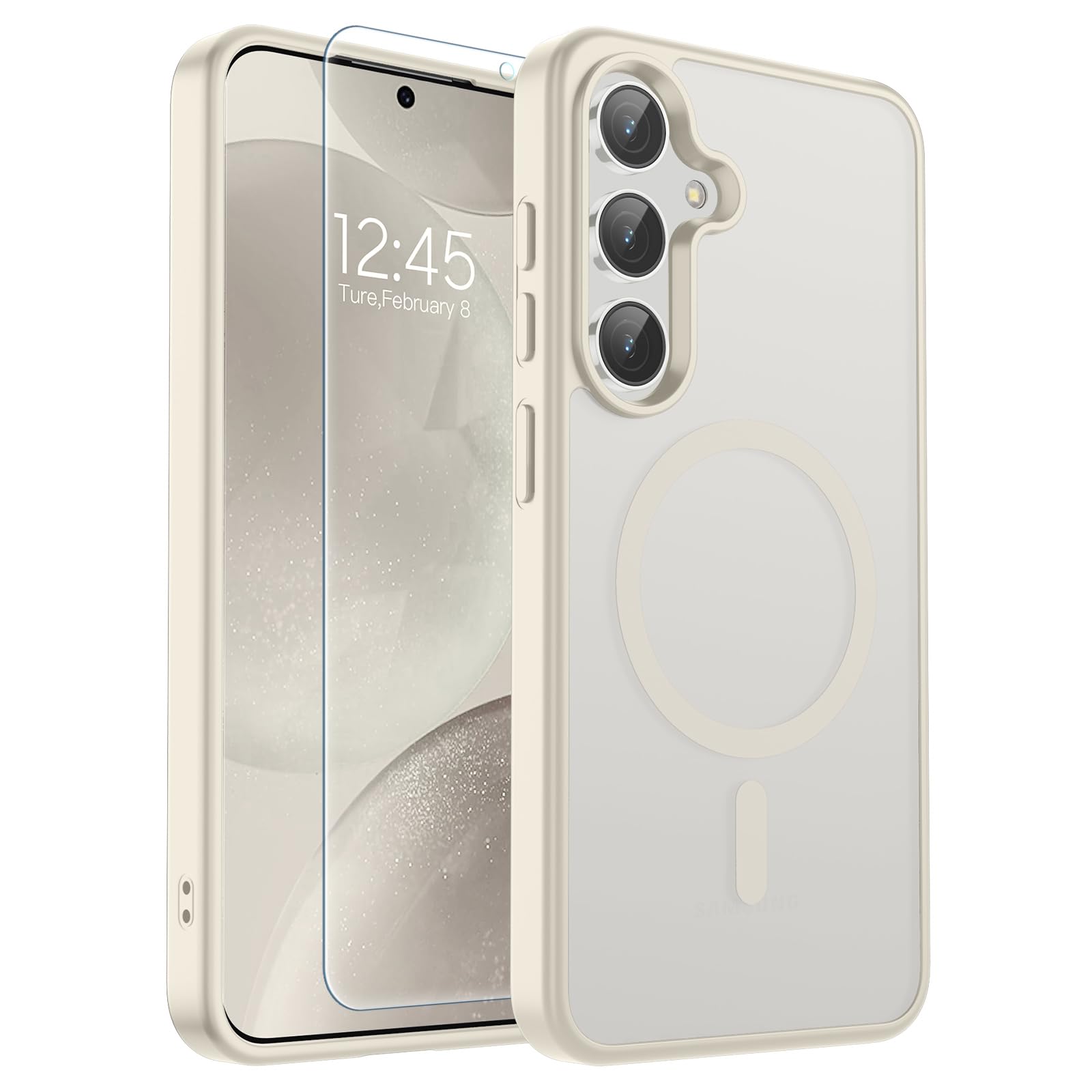 SUPFINE Magnetic for Samsung Galaxy S24 Case / S25 Case with Screen Protector, (Built-in Magnets) (Military Grade Drop Protection) Slim Translucent Shockproof Phone Case,Stone