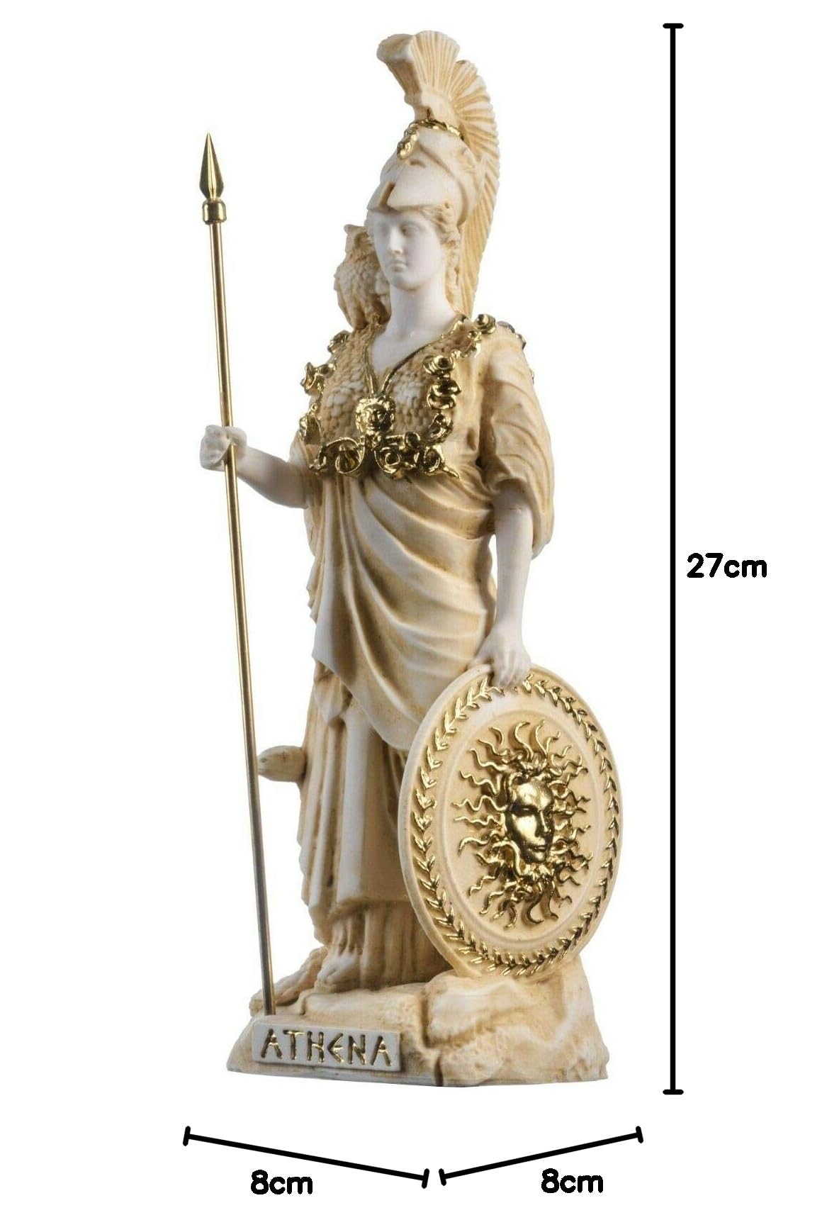 Atenea Con Búho Medusa Escudo Diosa Griega Estatua De Alabastro Oro 27 cm