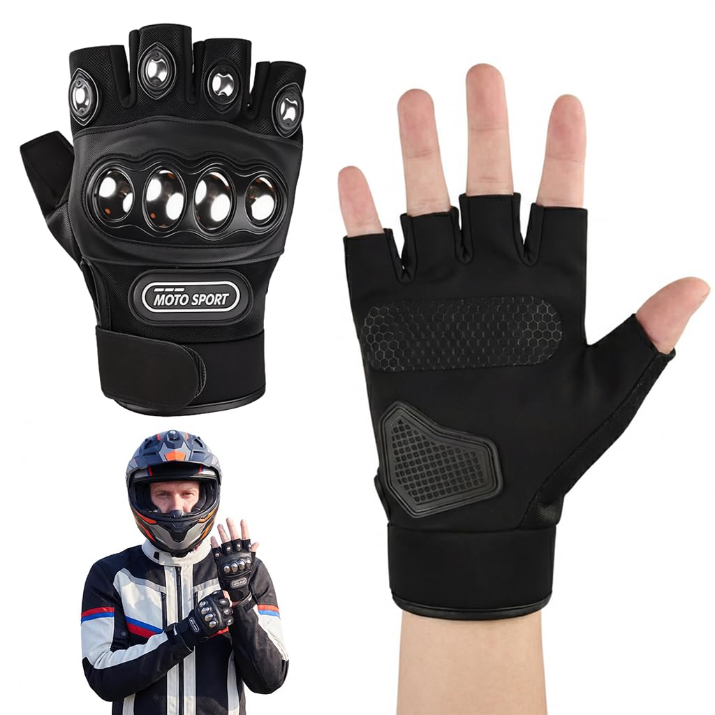 PROBEROS® Half Finger Gloves for Men and Women Steel Fingerless Motorcycle Riding Gloves for Bike with Hard Knuckle Shell Leather Riding for Shooting, Cycling, Paintball, Driving, Hunting Black-image-38