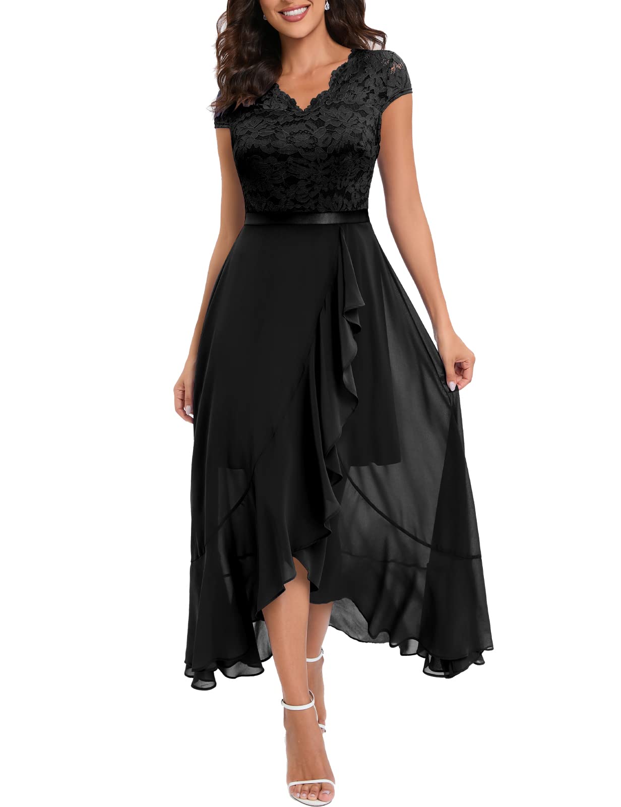 Bbonlinedress Mujer Vestido A-línea de cóctel Top Falda de Encaje Columpio de Gasa para Boda de Bola de Fiesta Cuello en V Manga Corta Gasa Corte para Mujer
