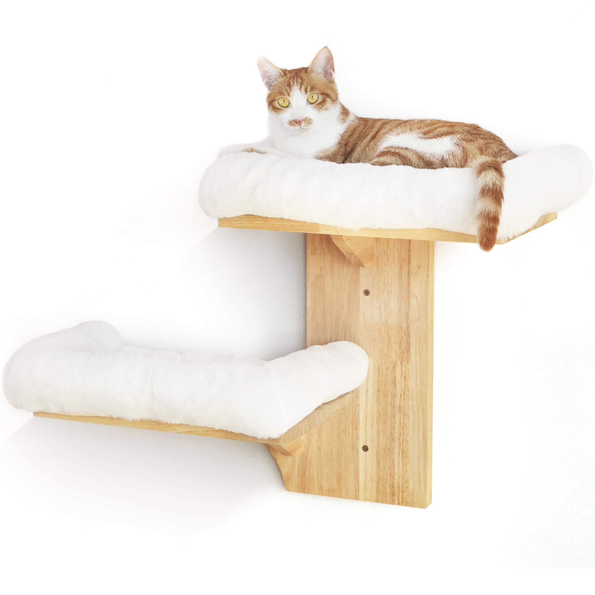 FUKUMARU Cat Wall Shelves, 2 Platform Cats Walls Furniture, Tree Shape Kitten Floating Shelf with Soft Cushion Perch, Solid Rubber Wood for 16 Inch
