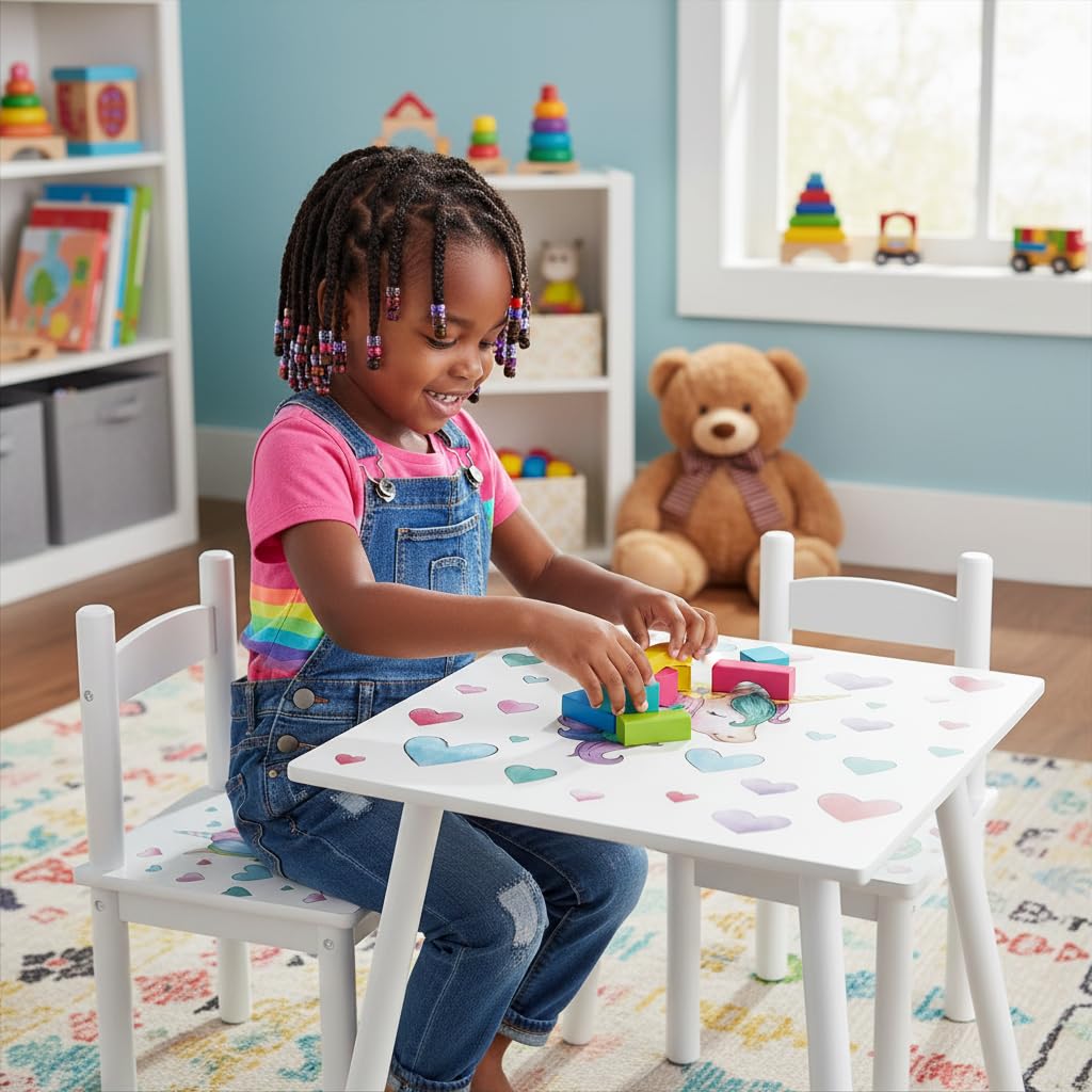 leomark tavolo e 2 sedie in legno, tavolino set da cameretta per bambini, gioco di gruppo in classe, mobili per bambini, stanza dei bambini mobili alta qualità stabile, tema: UNICORNO