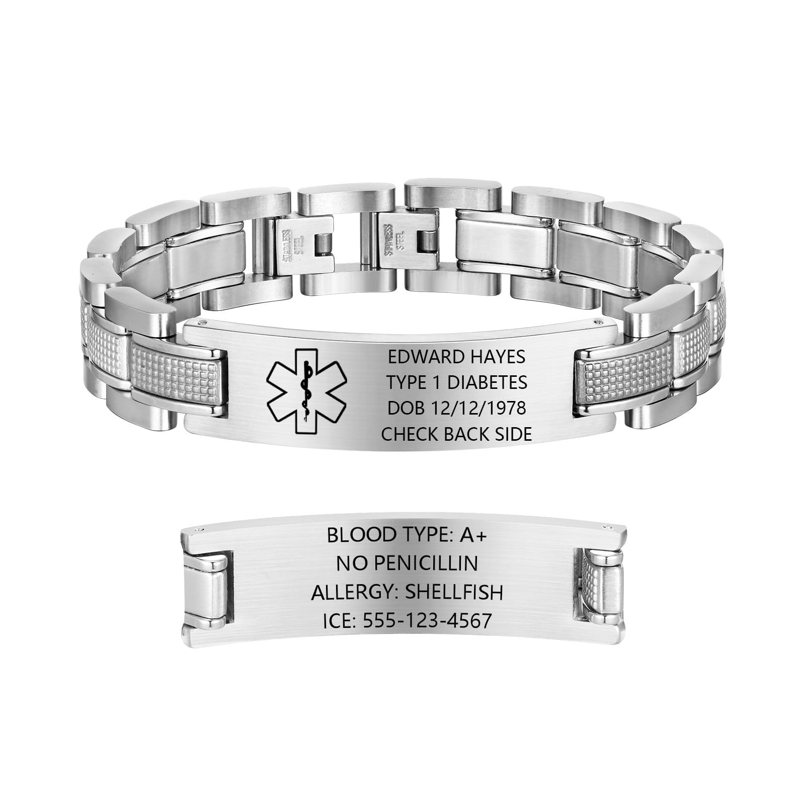 Gamtic Medical Alert Bracelets for Men Customizable, Stainless Steel Watch Band Medic Emergency ID Bracelet, Waterproof Personalized Life Alert