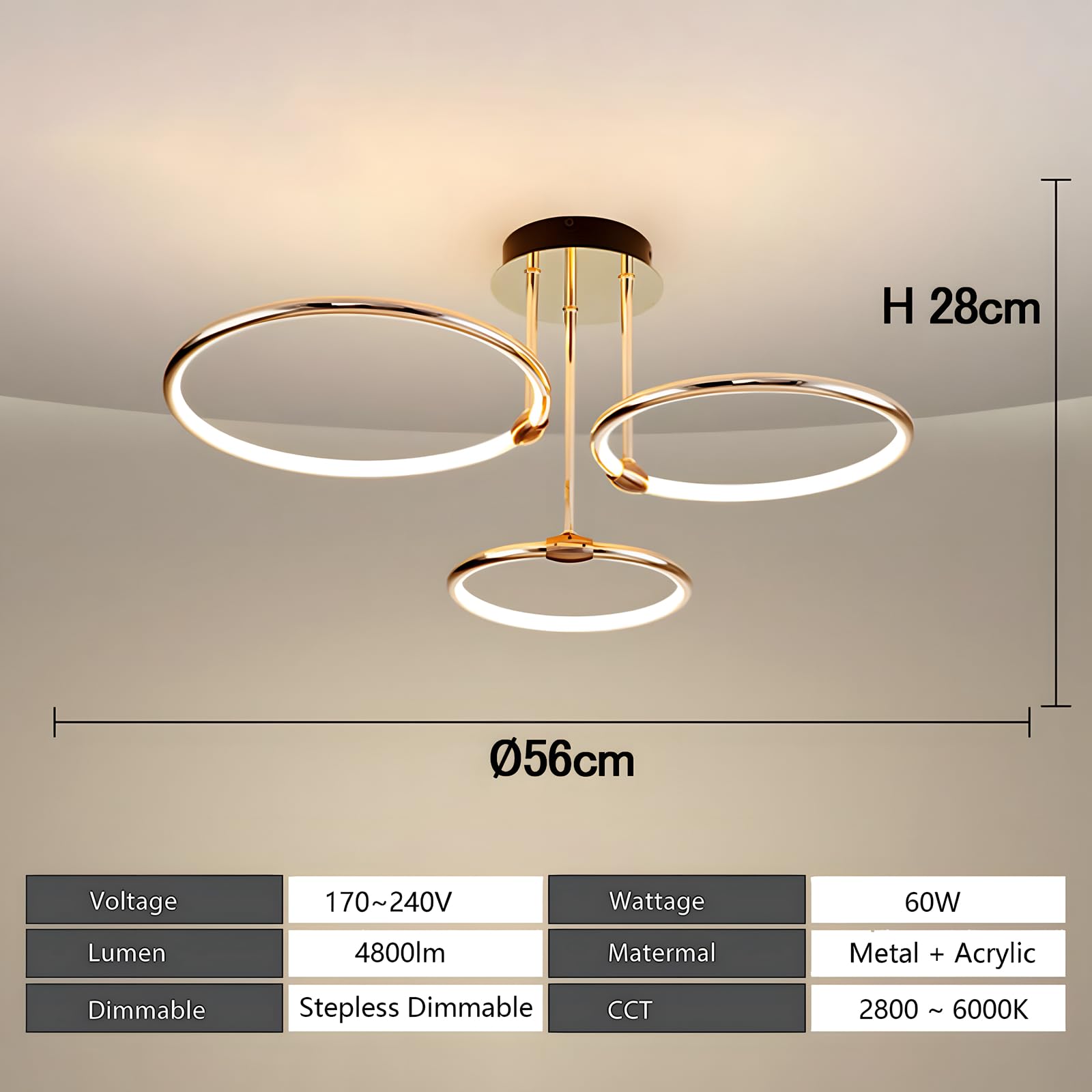 3 Anelli Rotondi Design Oro LED Plafoniera, Lampadario Ø56cm | 60W Dimmerabile Continuo, Pendente Placcato In Metallo Creativo, Lampada Moderna Per Soggiorno In Camera Letto Studio Ufficio