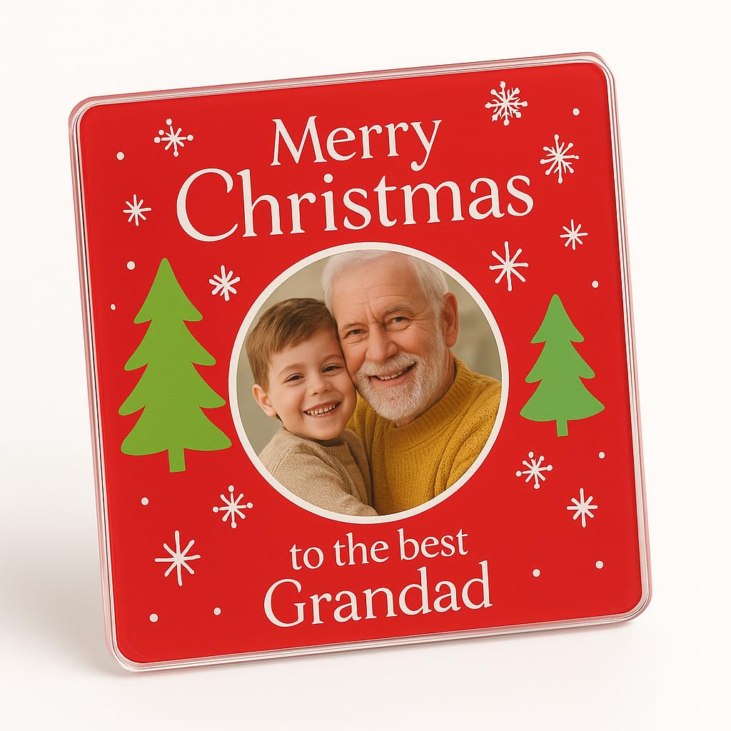Acrylic Coaster Gift with Festive Photo Frame Design - Cheerful Christmas Greeting for Grandad Celebration